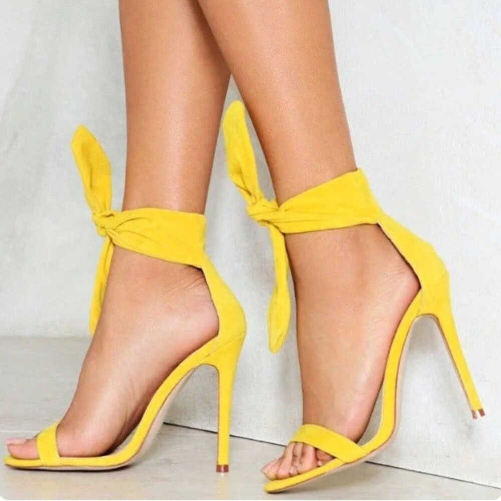 FSJ Yellow Vegan Suede Stiletto Shoes Tie Up Open Toe High Heels Sandals